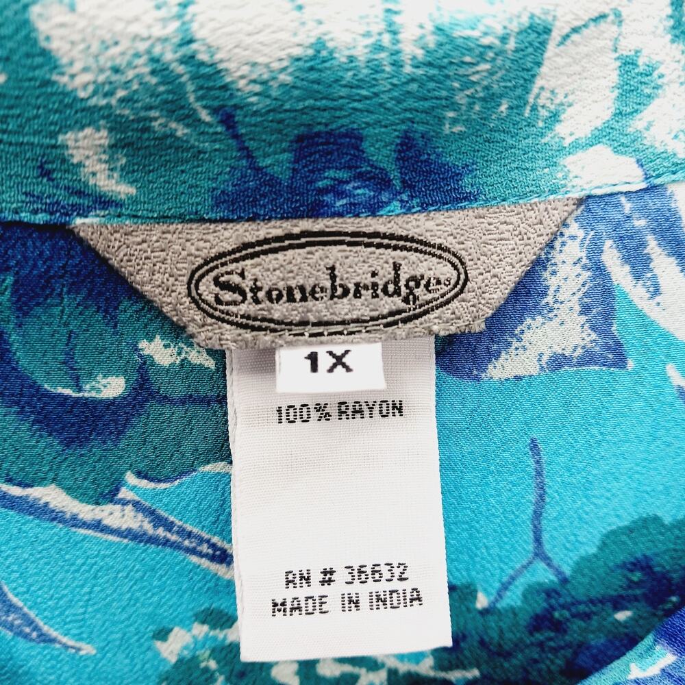 Blouse Blue Floral MOP Button Tropical Coastal Cool Hibiscus Plumeria Cruise 1X - Picture 6 of 7